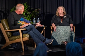 Moderator Ross Coulthart interviews Jasmine Seymour. Photo by Greg Jackson. 